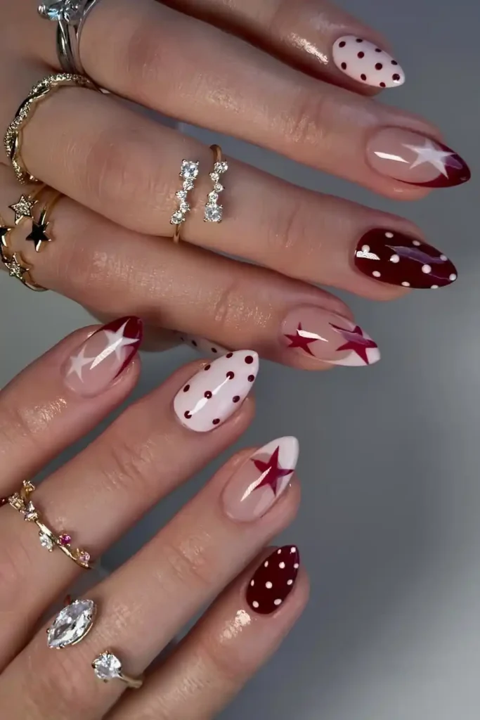 Pink and Burgundy Nails With Stars and Dots for a Playful Glam Look