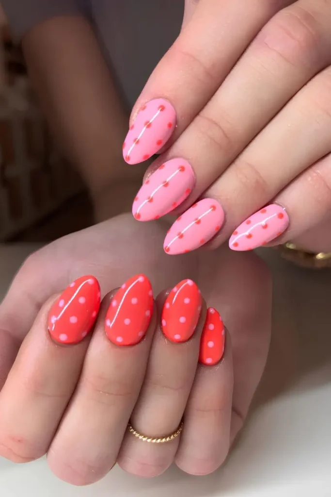 Pink and Coral Nails With Micro Dot Accents