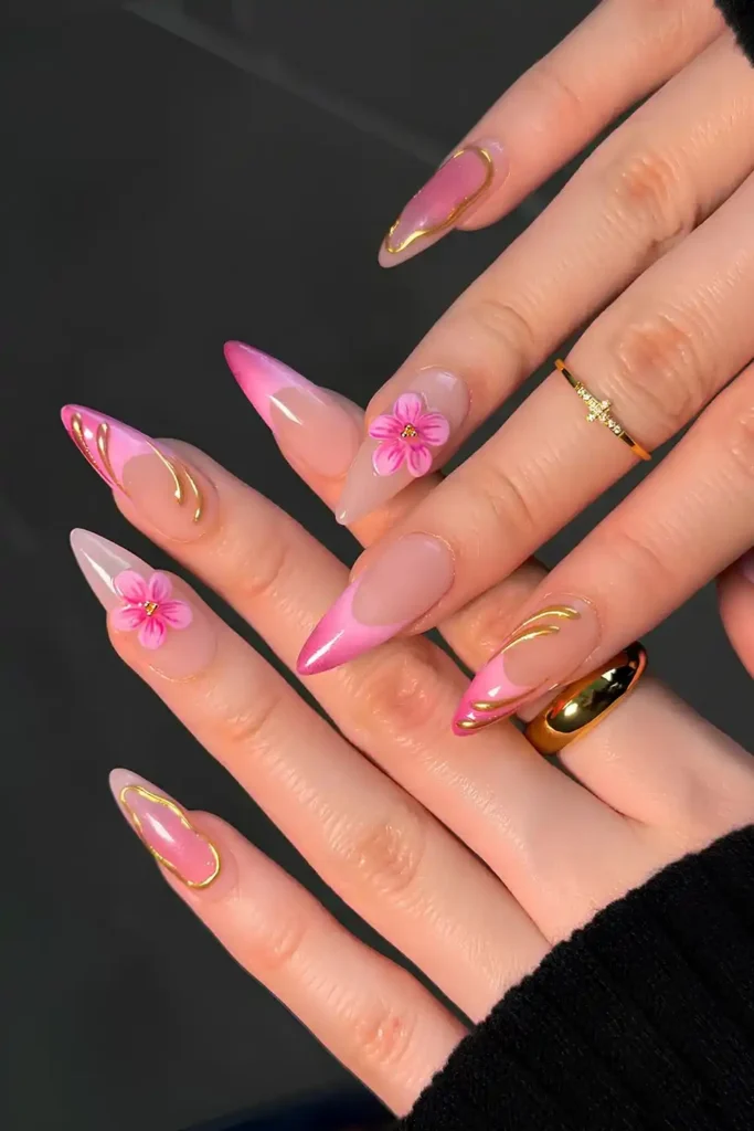 Pink and Gold 3D Floral Nails That Look Luxurious