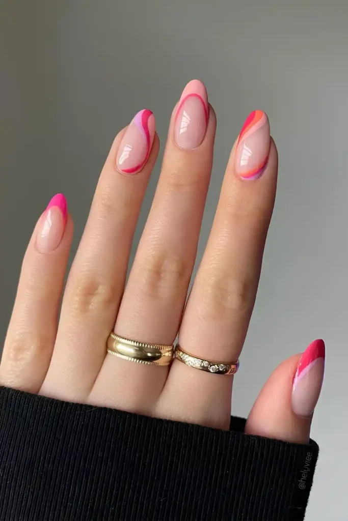 Pink and Orange French Nails With Swirls That Feel Fresh and Vibrant