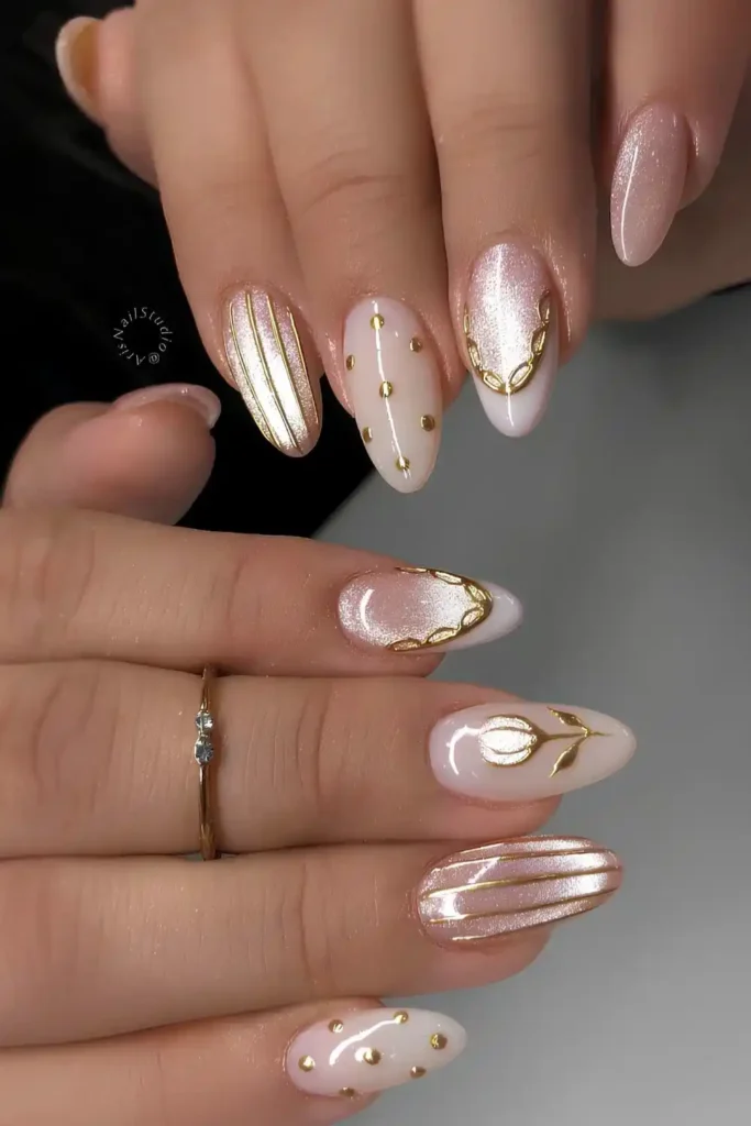 Pink and White Cat Eye Nails With Gold Details for a Luxe Finish