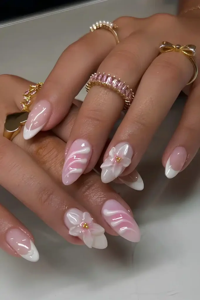 Pink and White Nails With 3D Flowers and Swirls You'll Love