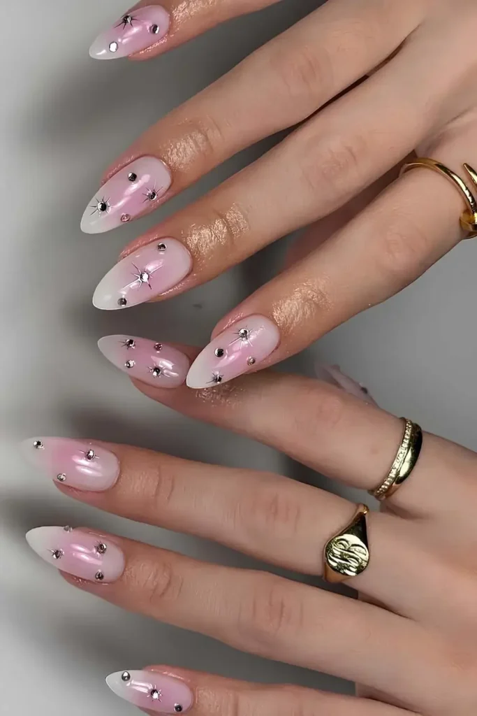 Pink Aura Nails With Rhinestone Bling for a Glamorous Look
