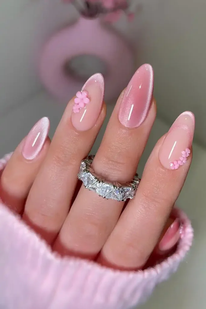 Pink Cat Eye Nails With 3D Florals for a Stunning Manicure