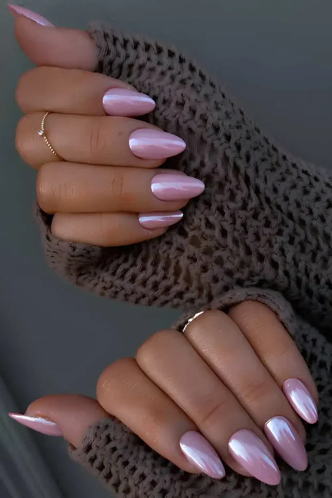 Pink Chrome Nails for Fall With a Glossy Mirror Finish