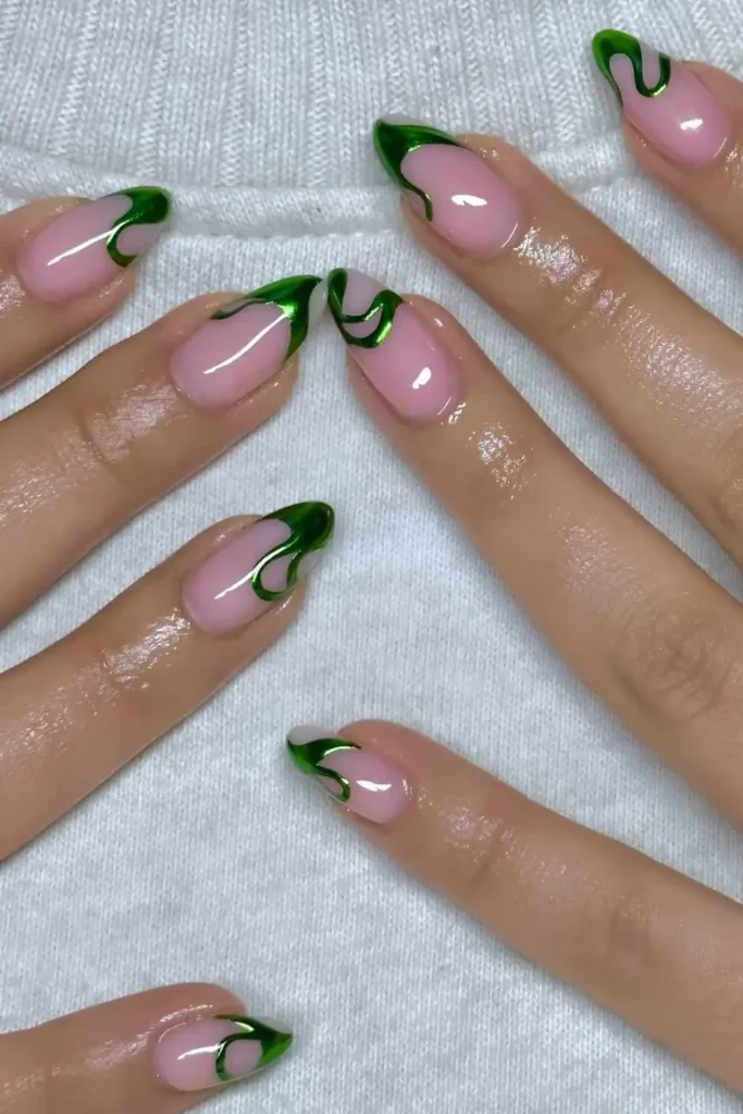 Pink Mani With Metallic Green Swirls for a Modern Look