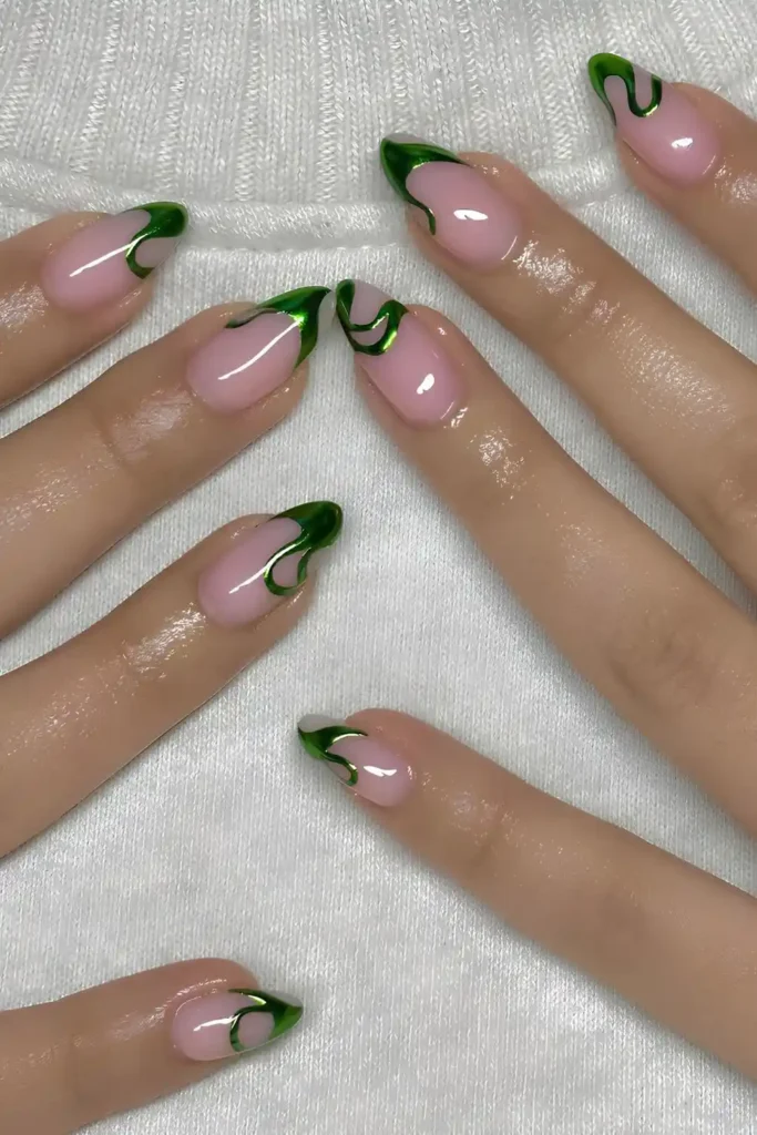 Pink Nails With Green Chrome Swirls That Shine Beautifully