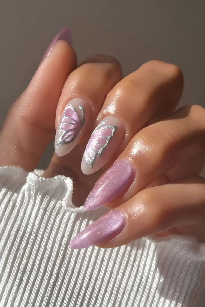 Pink Velvet Almond Nails With Butterfly Wings That Feel Magical