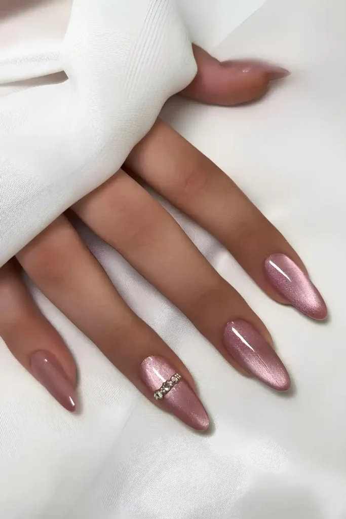 Pink Velvet Nails With Gem Accents That Sparkle Beautifully