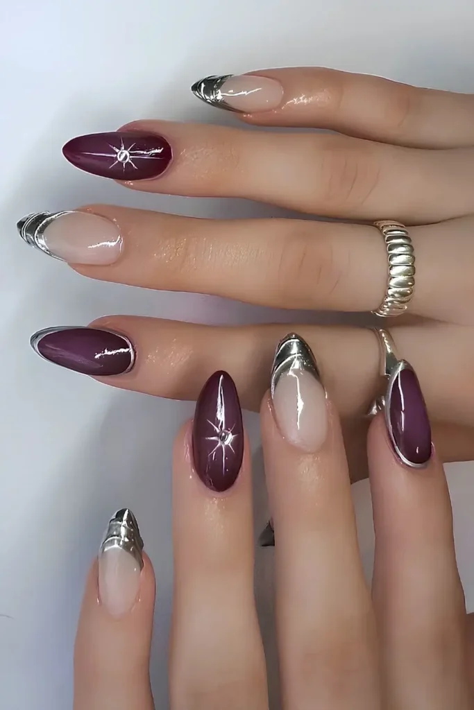 Plum Nails With Silver Chrome Accents That Stand Out