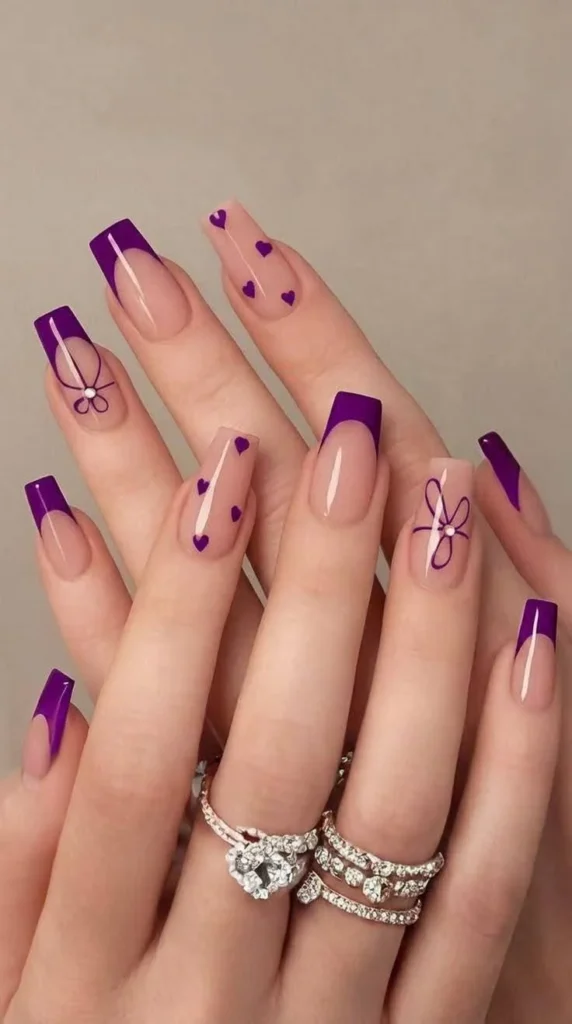 Purple French Tip Nails With Cute Heart and Floral Accents