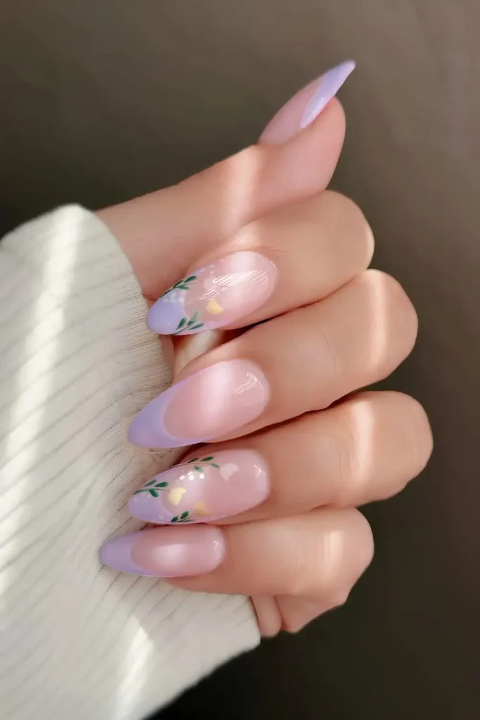 Purple French Mani With Tulip Flower Art