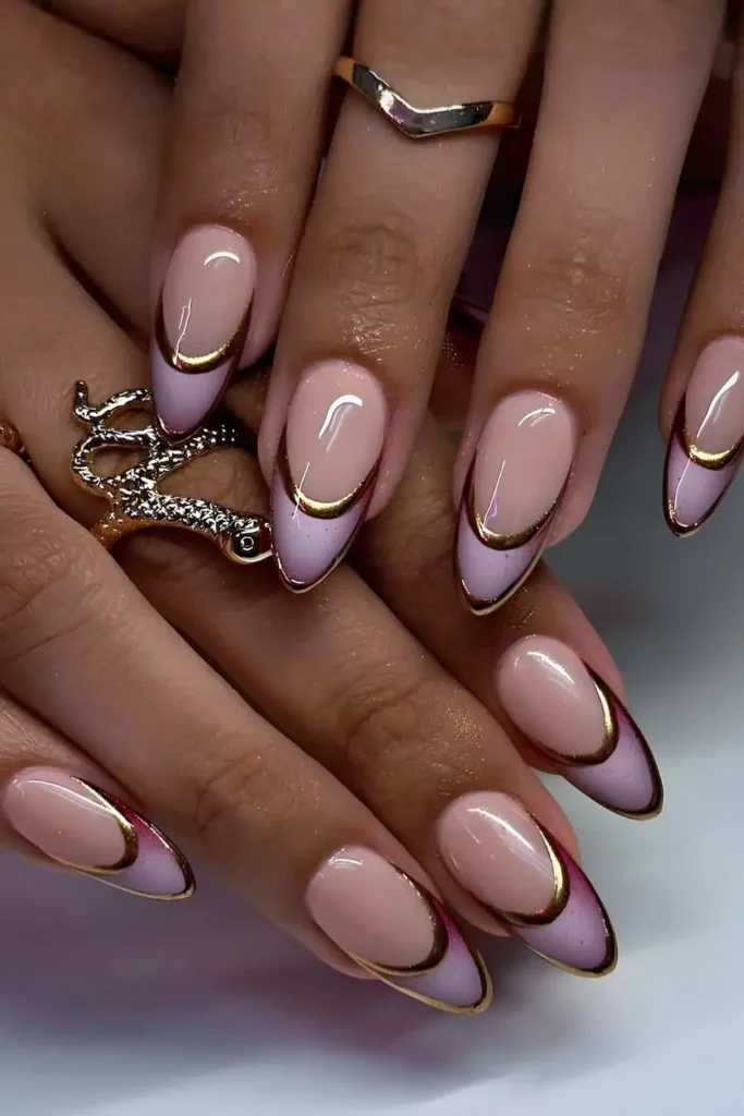 Purple French Manicure With Gold Outlines That Shine Beautifully