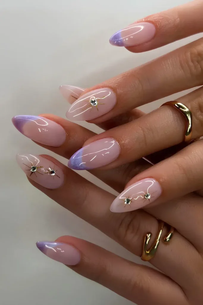 Purple French Nails With Celestial Details