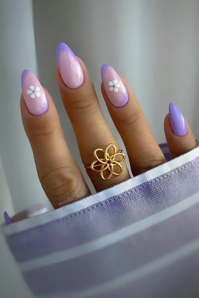 Purple French Nails With Soft Pink Base and Floral Accents for a Romantic Style