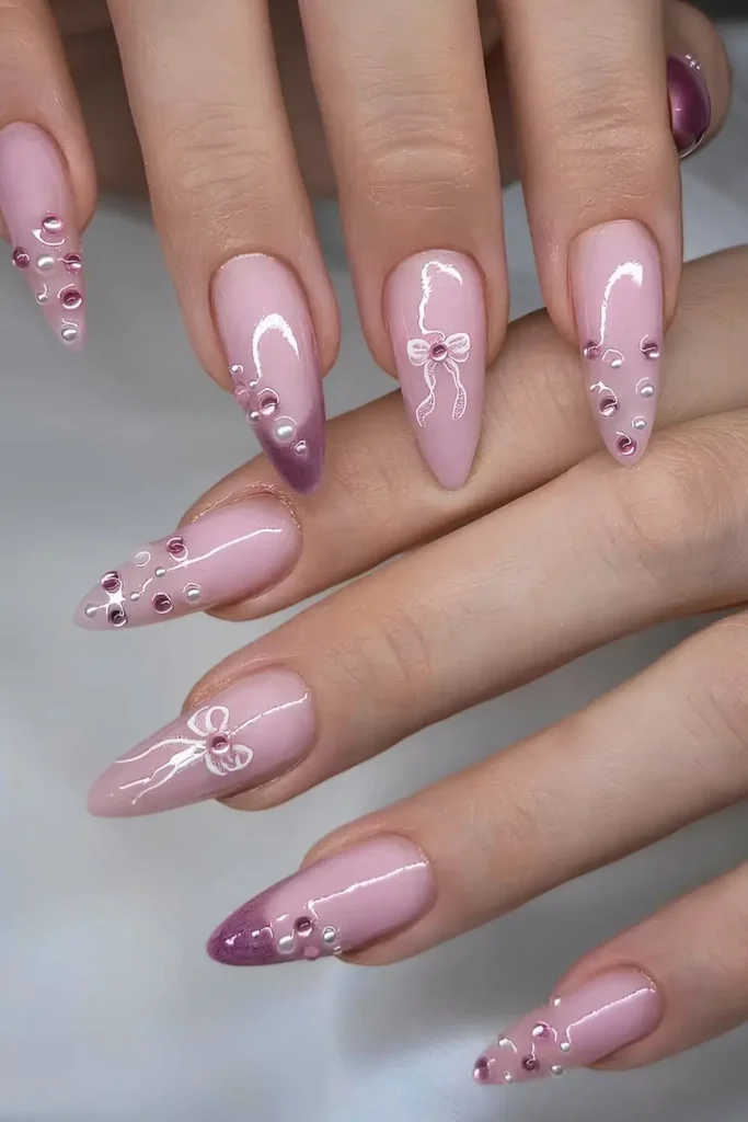 Purple French Nails With Studs and Bows You'll Love