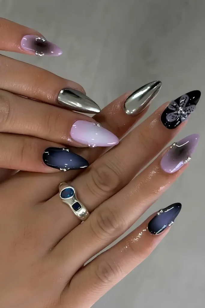 Purple and Silver Chrome With 3D Flowers