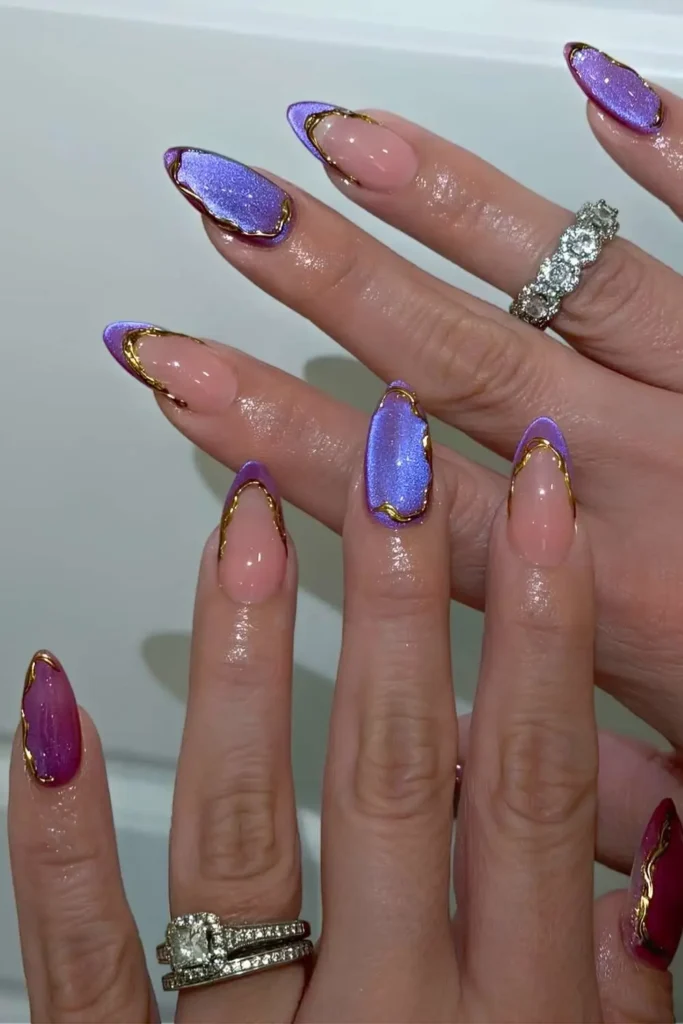 Purple Cat Eye Mani With Gold Accents for a Luxe Finish