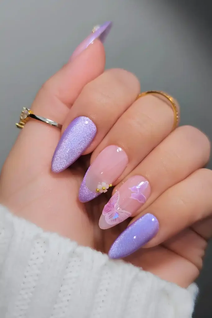 Purple Cat Eye Nails With Butterflies for a Whimsical Touch