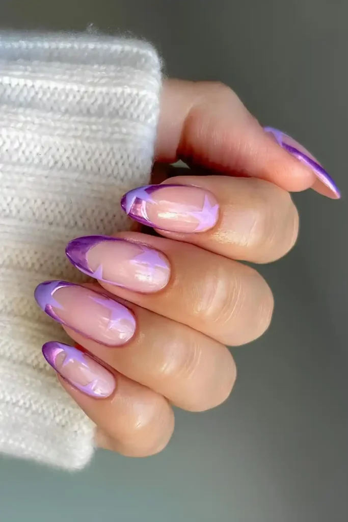 Purple Chrome French Nails With Light Purple Stars for a Celestial Touch