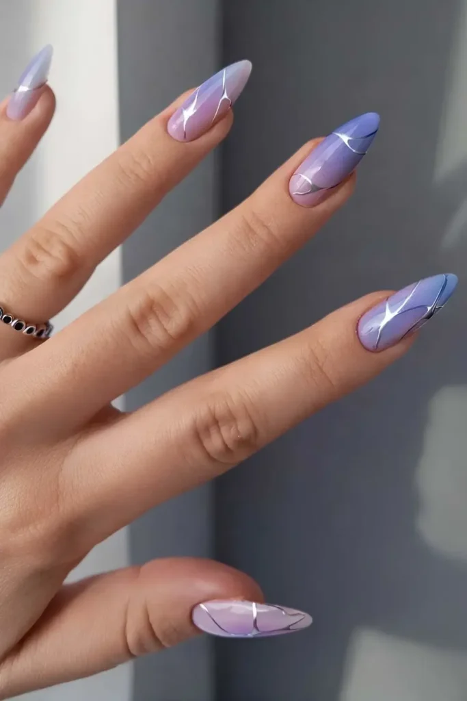 Purple Gradient Nails With Silver Line Art