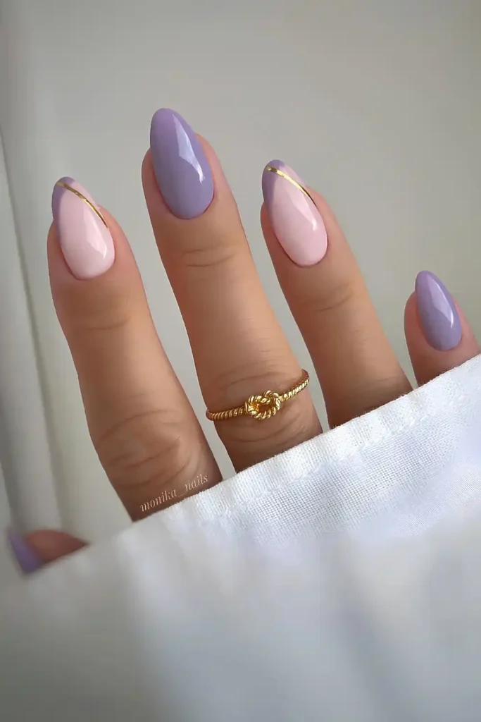 Purple Nails With Accent Gold Lines for a Sophisticated Look