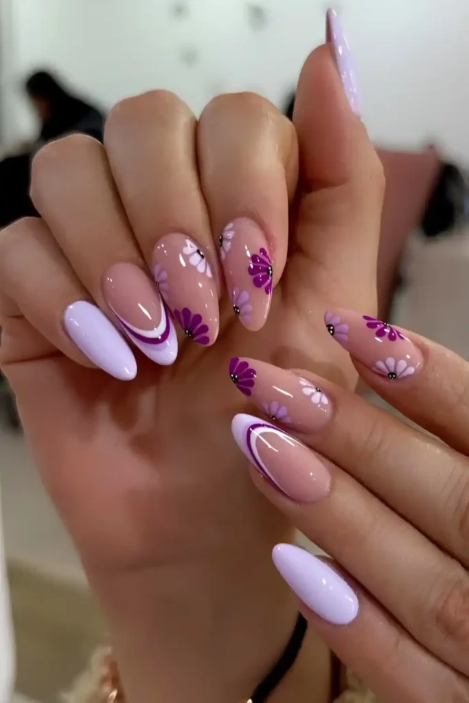 Purple Nails With Flowers That Add a Beautiful Floral Touch