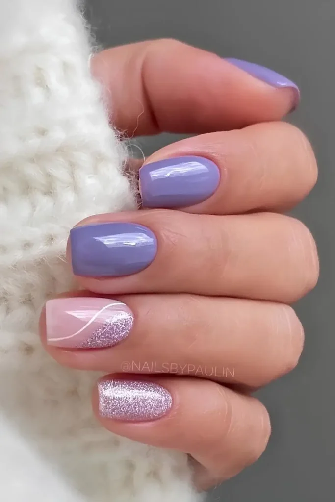 Purple Nails With Glitter and Negative Space
