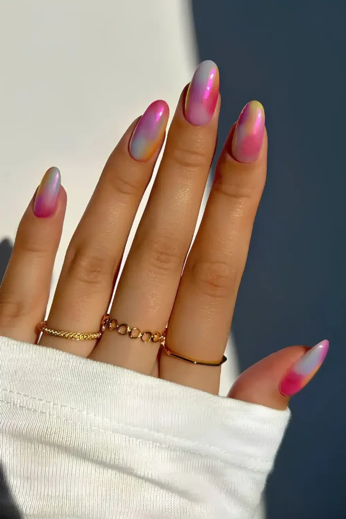 Rainbow Chrome Almond Nails With a Stunning Mirror Finish