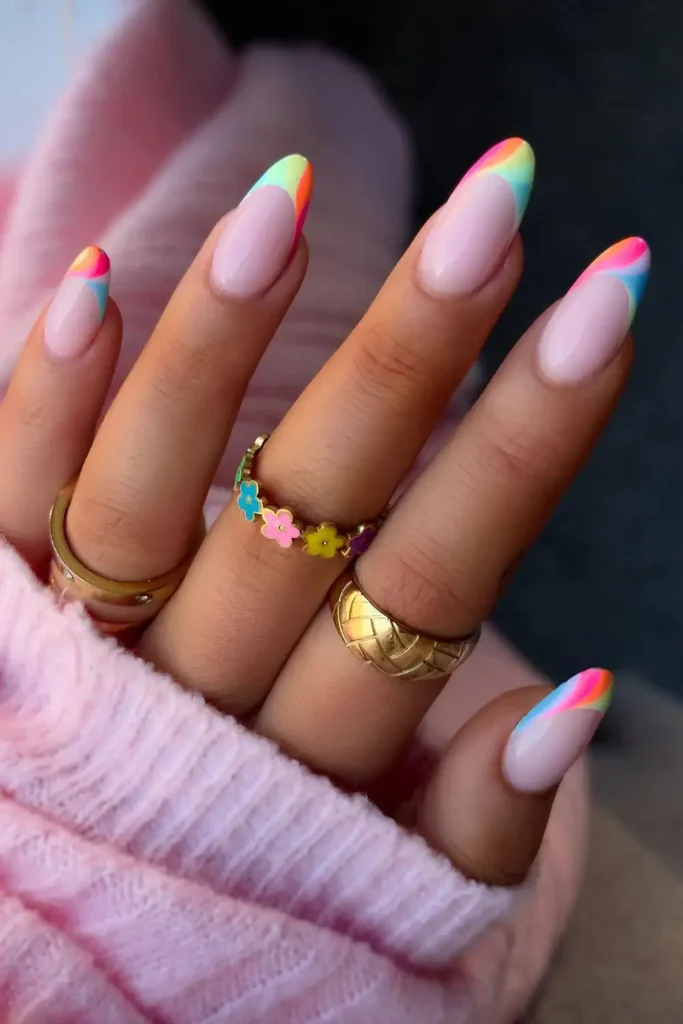 Rainbow Swirl French Tip Nails for a Colorful Manicure