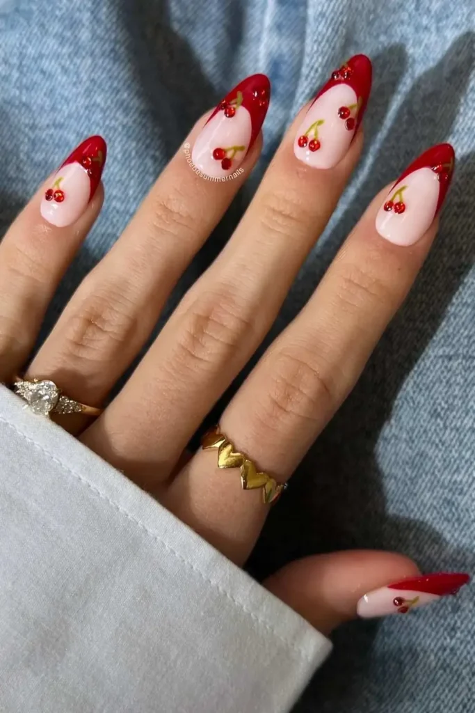 Red French Mani With Cherry Gem Accents You'll Love