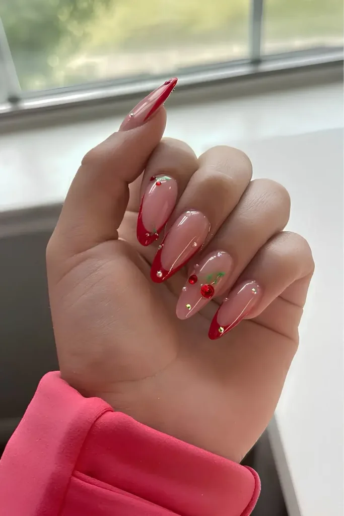 Red French Nails With Cherry Gem Accents