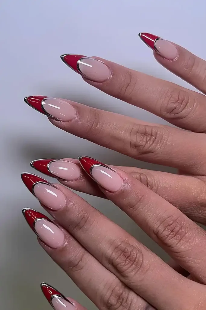 Red French Nails With Chrome Outline for a Sleek Luxe Finish