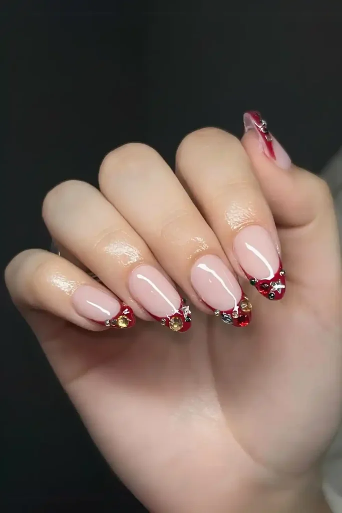 Red French Nails With Colorful Rhinestones That Add Instant Glam
