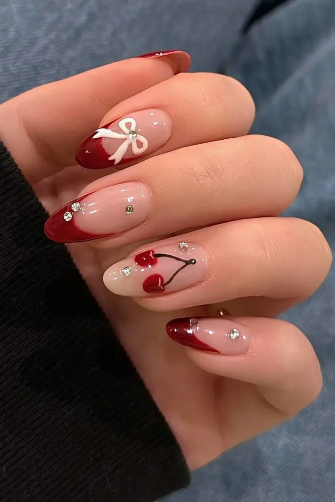 Red French Nails With Gems and Cherry Art