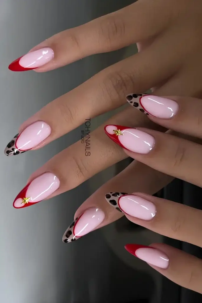 Red French Nails With Leopard Print Details for a Bold Chic Look