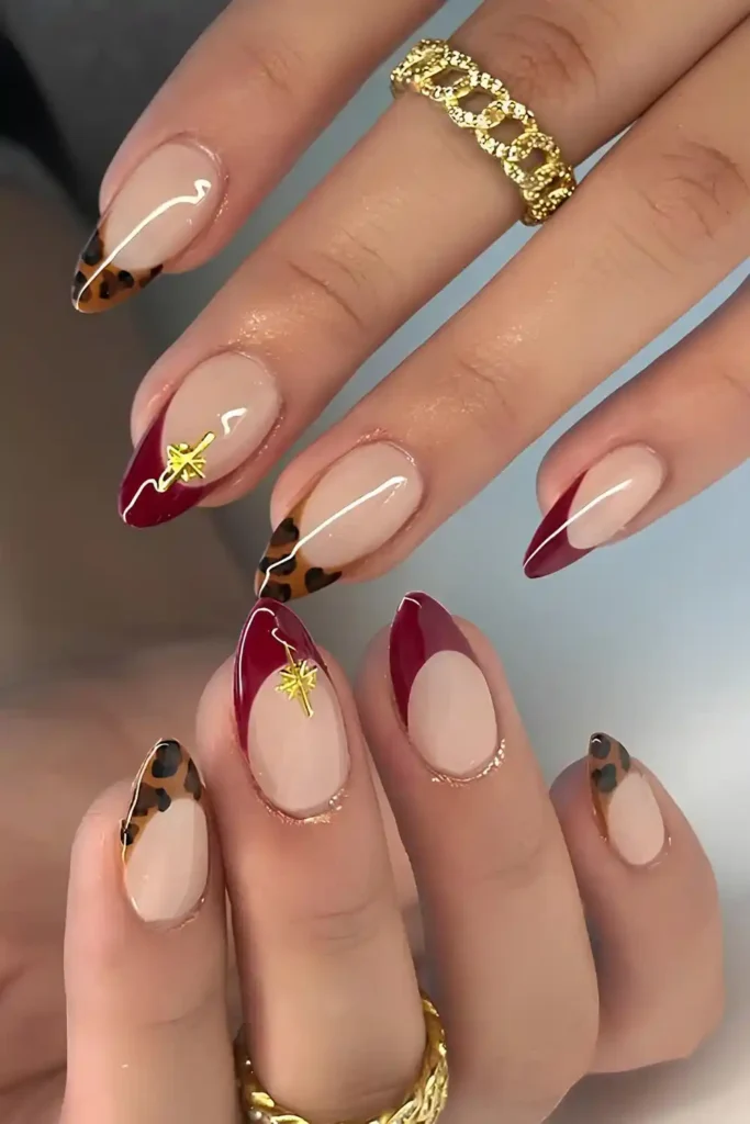 Red French Nails With Leopard Print for a Fierce Fashion Forward Style