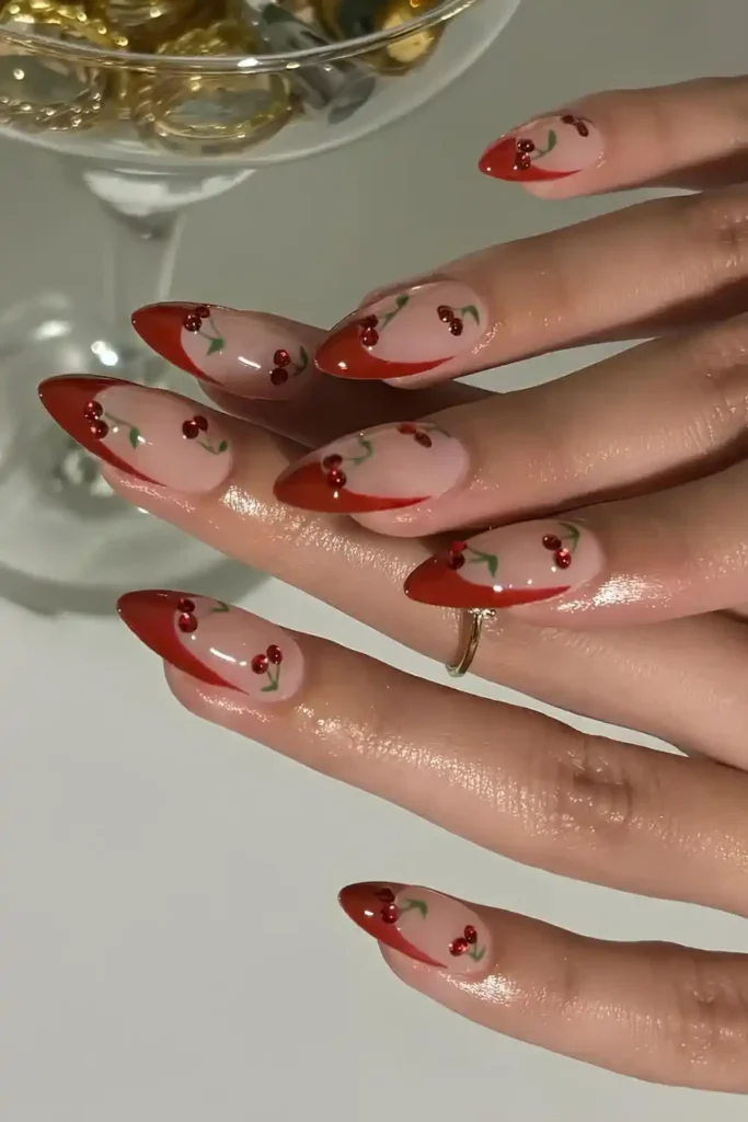 Red French Nails With Rhinestone Cherry Accents That Look Playful and Chic