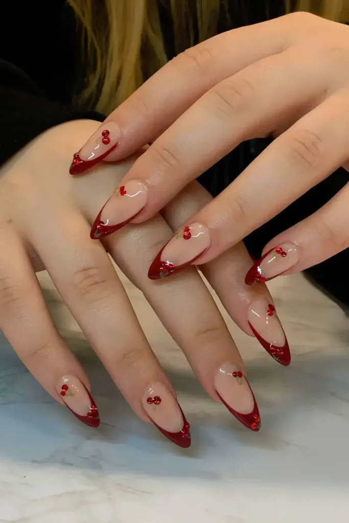Red French Nails With Rhinestone Cherries That Look Playful and Chic