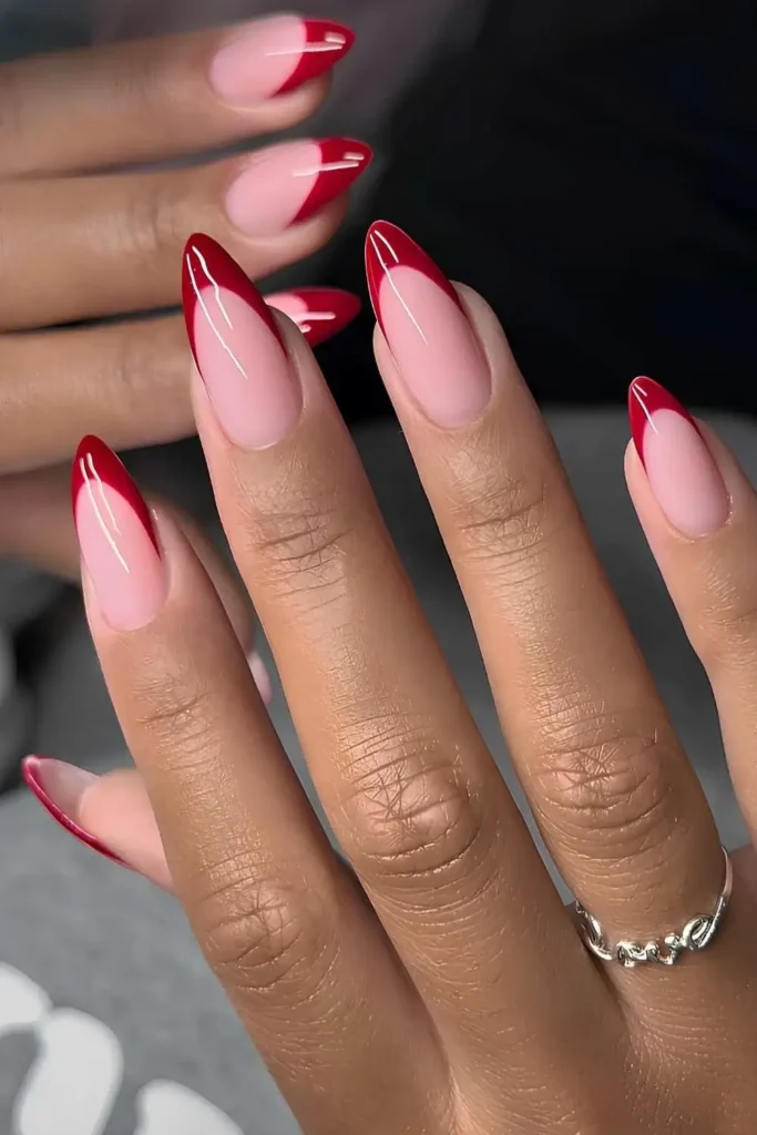 Red French Tip Mani on a Pink Base