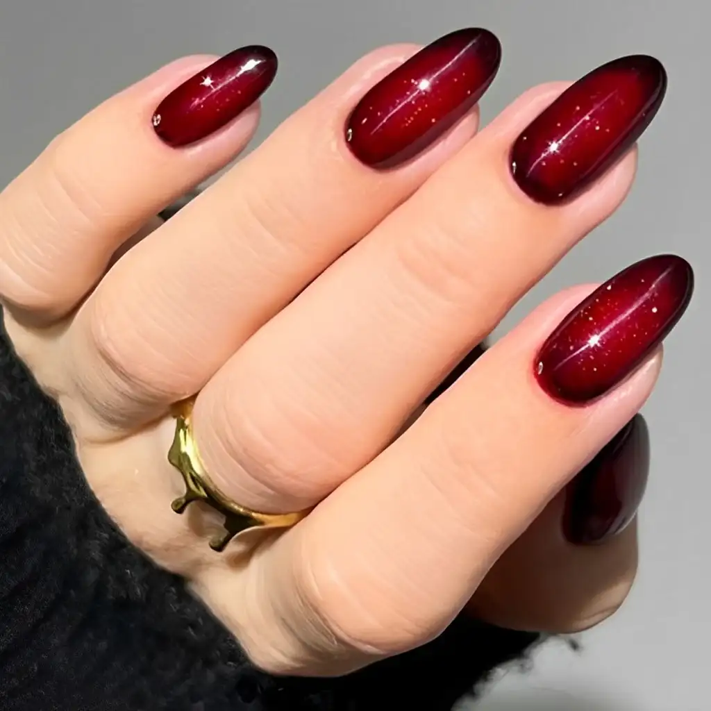 Red and Black Galaxy Gradient Nails That Sparkle Beautifully