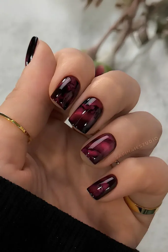 Red and Black Marble Effect Nails You'll Love