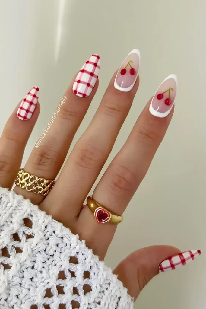 Red and White Gingham Nails With Cherry Accents for a Cute Picnic Inspired Style