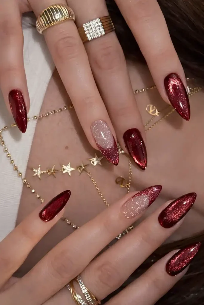 Red Cat Eye Mani With Accent French Tip That Shines Beautifully