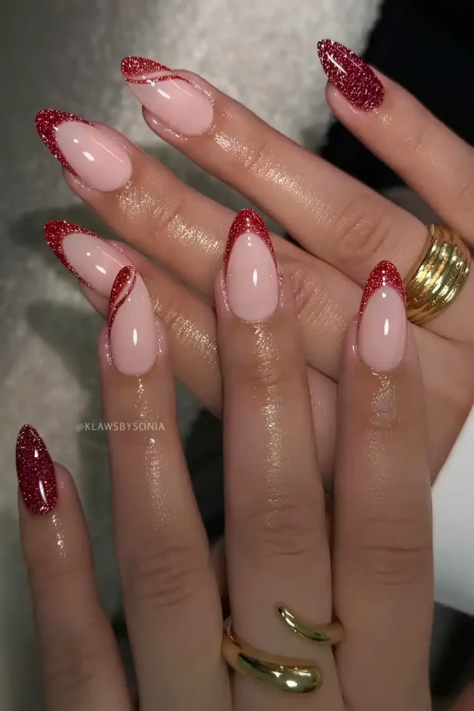 Red Glitter Nails With Mixed Layout That Sparkle From Every Angle