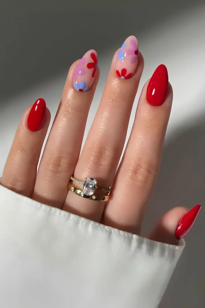 Red Manicure With Colorful Flowers You'll Love