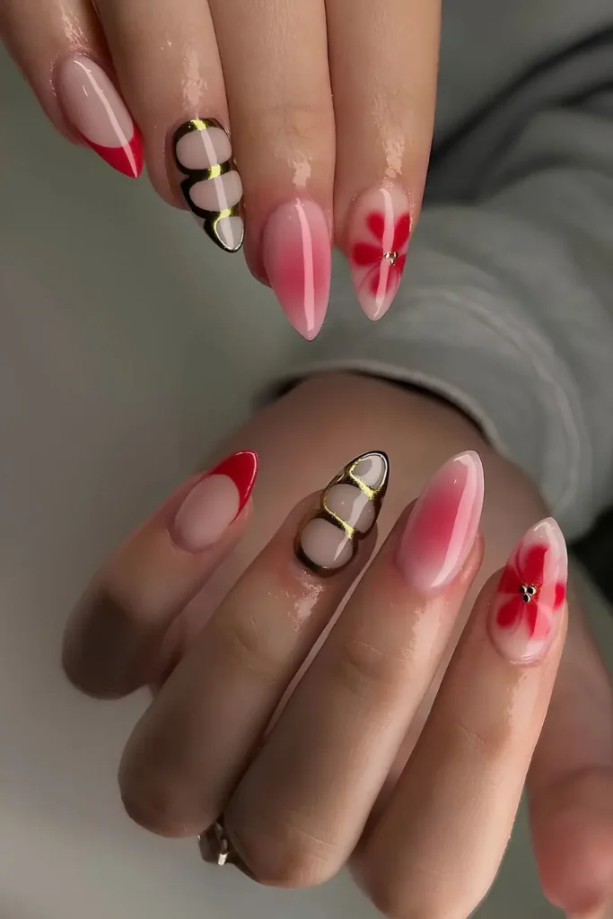 Red Mix and Match Nails With Metallic Details