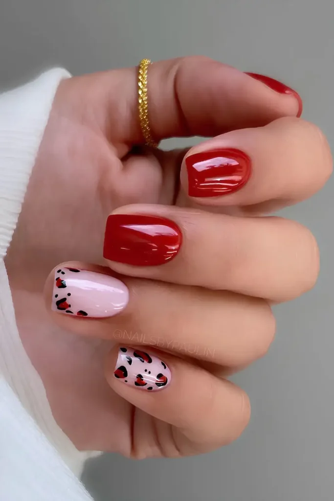 Red Nails With Black Leopard Spot Patterns