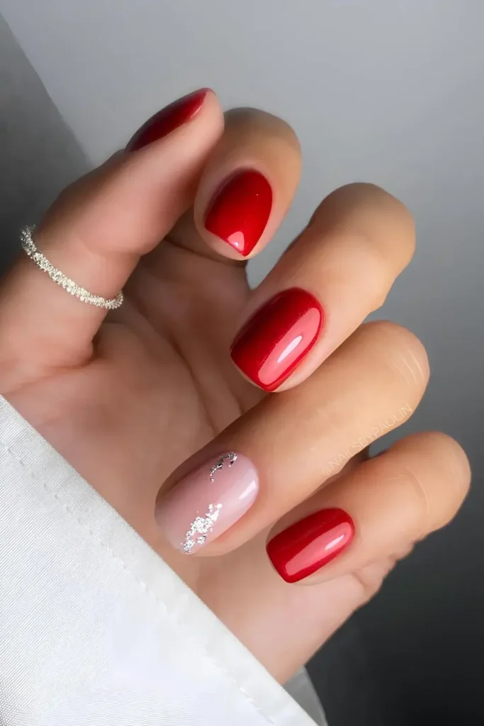 Red Nails With Silver Foil Accent for an Elegant Finish