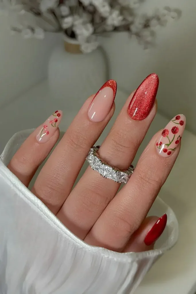 Red Velvet Nails With Cherry Art for a Sweet Style